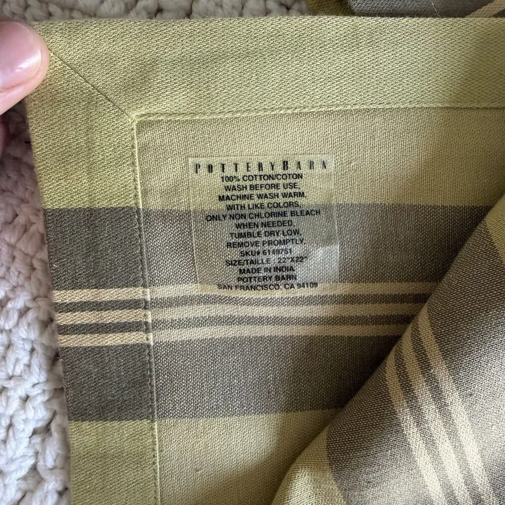 Pottery Barn Set Of Olive Green Striped Cotton Fabric Dinner Napkins 22” x 22”